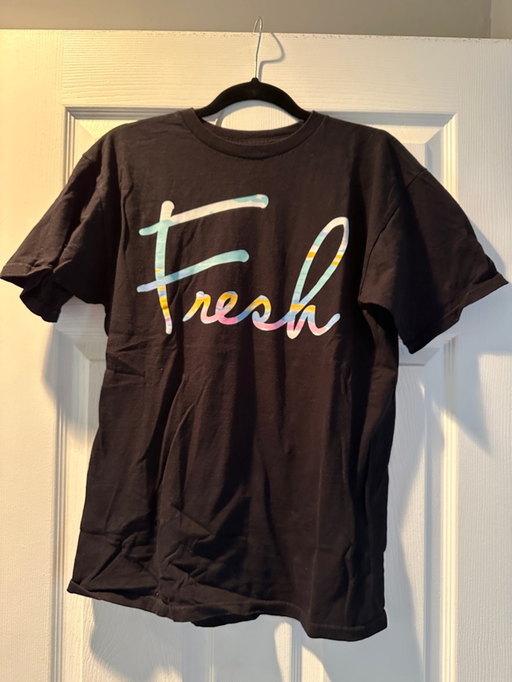 New Men's Black Graphic Tee with Multicolor 'Fresh' Script